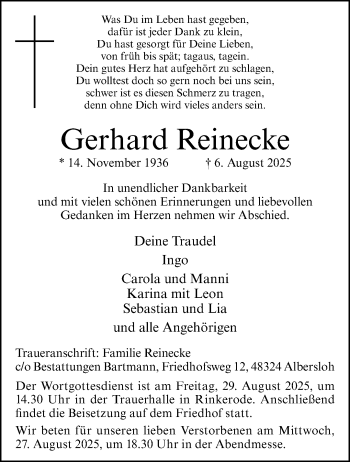 Anzeige von Gerhard Reinecke 
