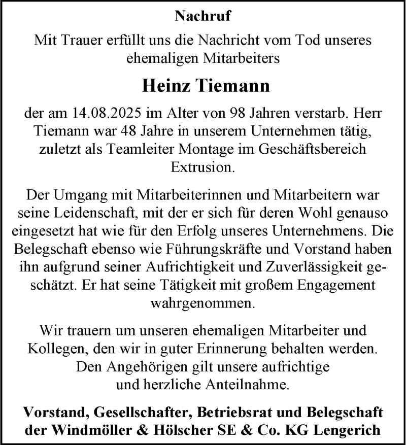  Traueranzeige für Heinz Tiemann vom 29.08.2025 aus 