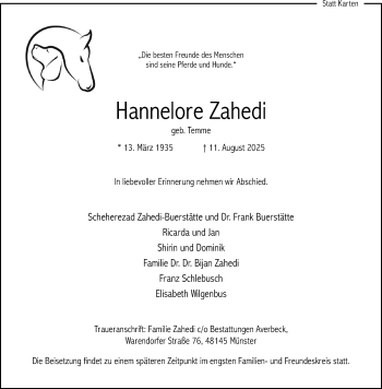 Anzeige von Hannelore Zahedi 