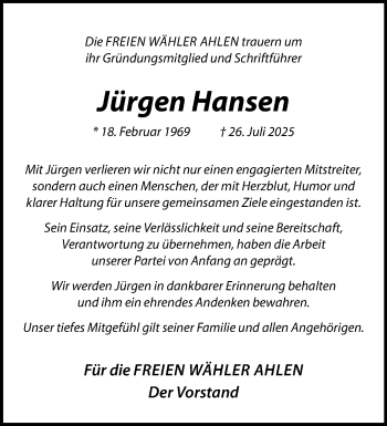 Anzeige von Jürgen Hansen 