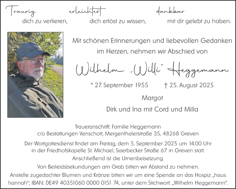  Traueranzeige für Wilhelm Heggemann vom 30.08.2025 aus 