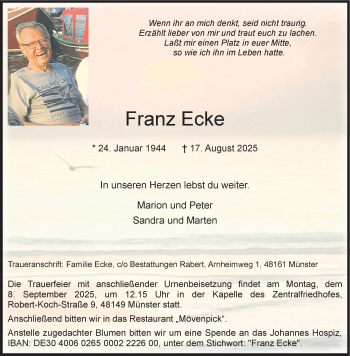Anzeige von Franz Ecke 