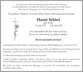 Anzeige von Hanni Sebbel 