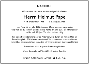 Anzeige von Helmut Pape 
