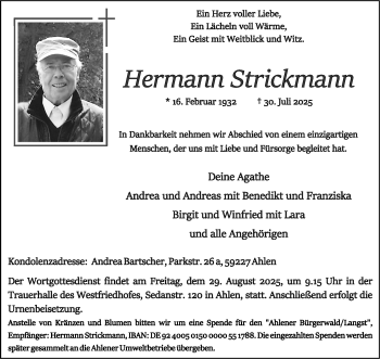 Anzeige von Hermann Strickmann 