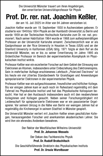 Anzeige von Prof. Dr. rer. nat. Joachim Keßler 
