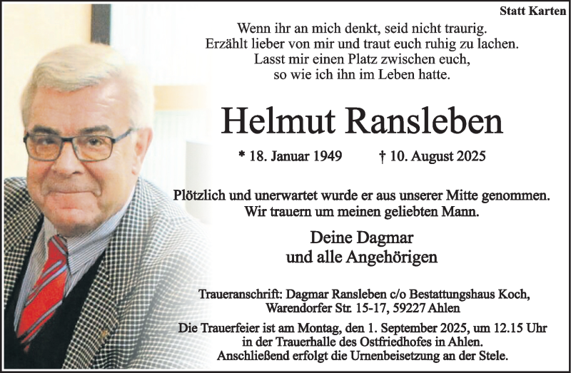 Traueranzeige für Helmut Ransleben vom 23.08.2025 aus 