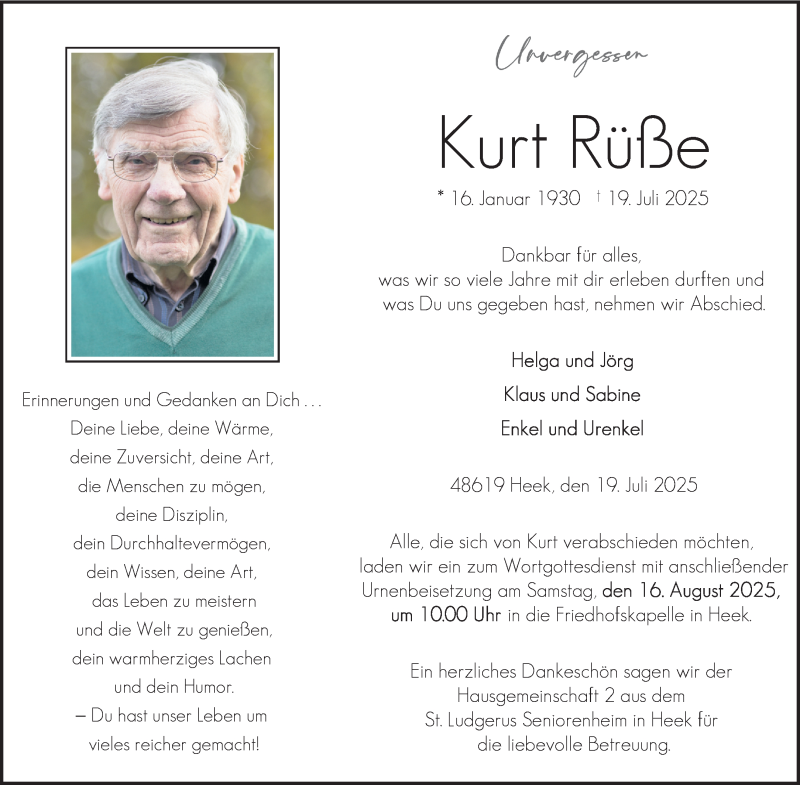 Traueranzeige für Kurt Rüẞe vom 02.08.2025 aus 