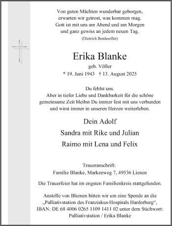 Anzeige von Erika Blanke 