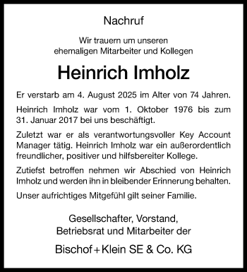 Anzeige von Heinrich Imholz 