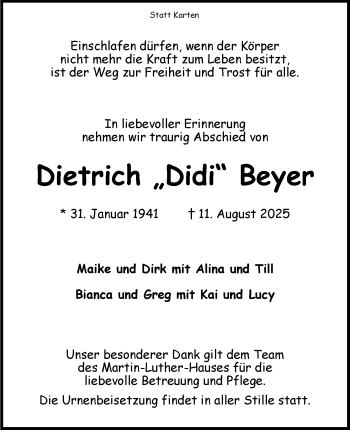 Anzeige von Dietrich Beyer 