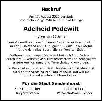 Anzeige von Adelheid Podewilt 