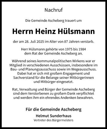 Anzeige von Heinz Hülsmann 