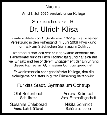 Anzeige von Dr. Ulrich Klisa 