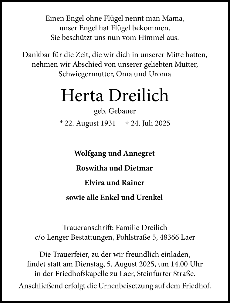  Traueranzeige für Herta Dreilich vom 02.08.2025 aus 