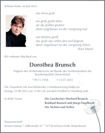 Anzeige von Dorothea Brunsch 