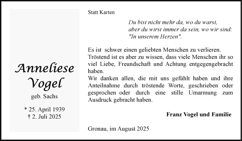  Traueranzeige für Anneliese Vogel vom 09.08.2025 aus 