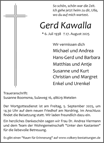 Anzeige von Gerd Kawalla 