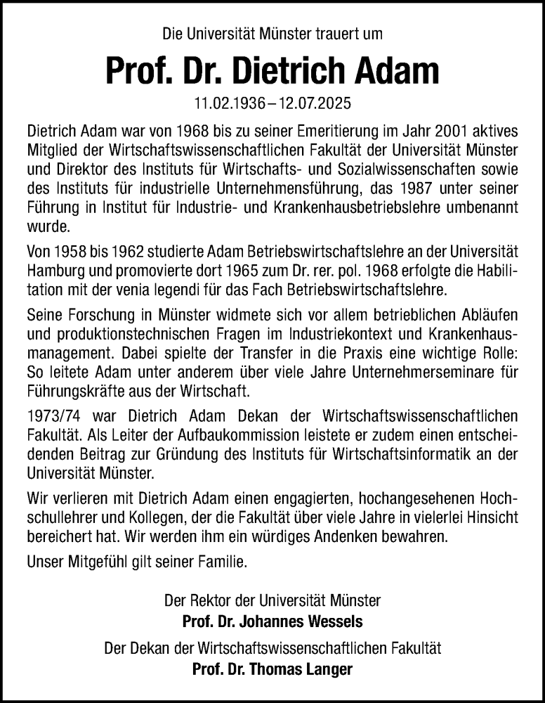  Traueranzeige für Prof. Dr. Dietrich Adam vom 09.08.2025 aus 