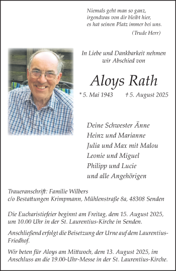 Anzeige von Aloys Rath 