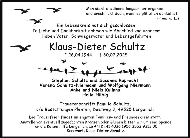  Traueranzeige für Klaus-Dieter Schultz vom 09.08.2025 aus 