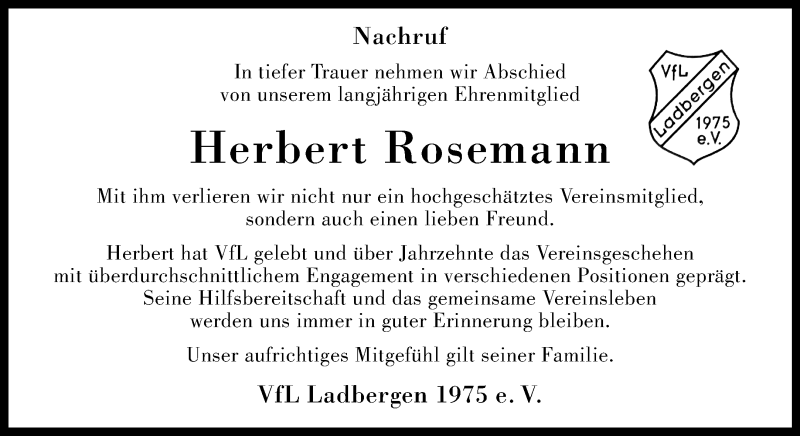  Traueranzeige für Herbert Rosemann vom 16.08.2025 aus 