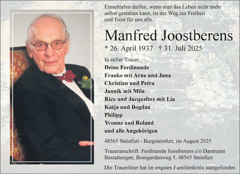 Traueranzeige für Manfred Joostberens vom 16.08.2025 aus 