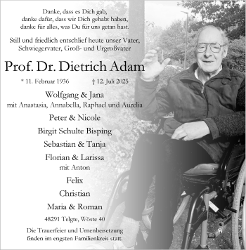 Anzeige von Prof. Dr. Dietrich Adam 
