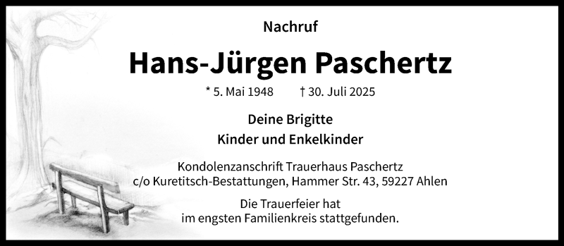  Traueranzeige für Hans-Jürgen Paschertz vom 16.08.2025 aus 