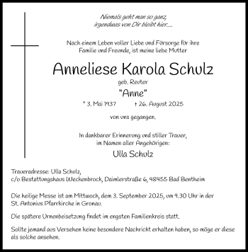 Anzeige von Anneliese Karola Schulz 
