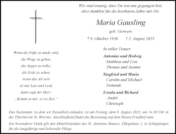 Anzeige von Maria Gausling 