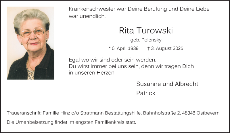  Traueranzeige für Rita Turowski vom 09.08.2025 aus 