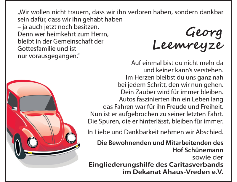  Traueranzeige für Georg Leemreyze vom 06.08.2025 aus 