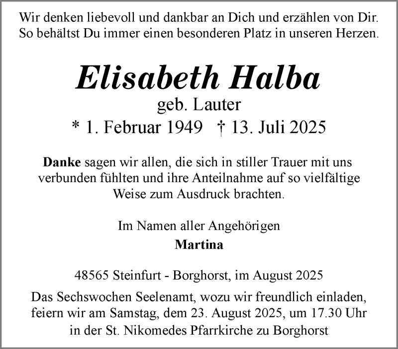  Traueranzeige für Elisabeth Halba vom 16.08.2025 aus 