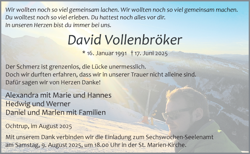  Traueranzeige für David Vollenbröker vom 06.08.2025 aus 