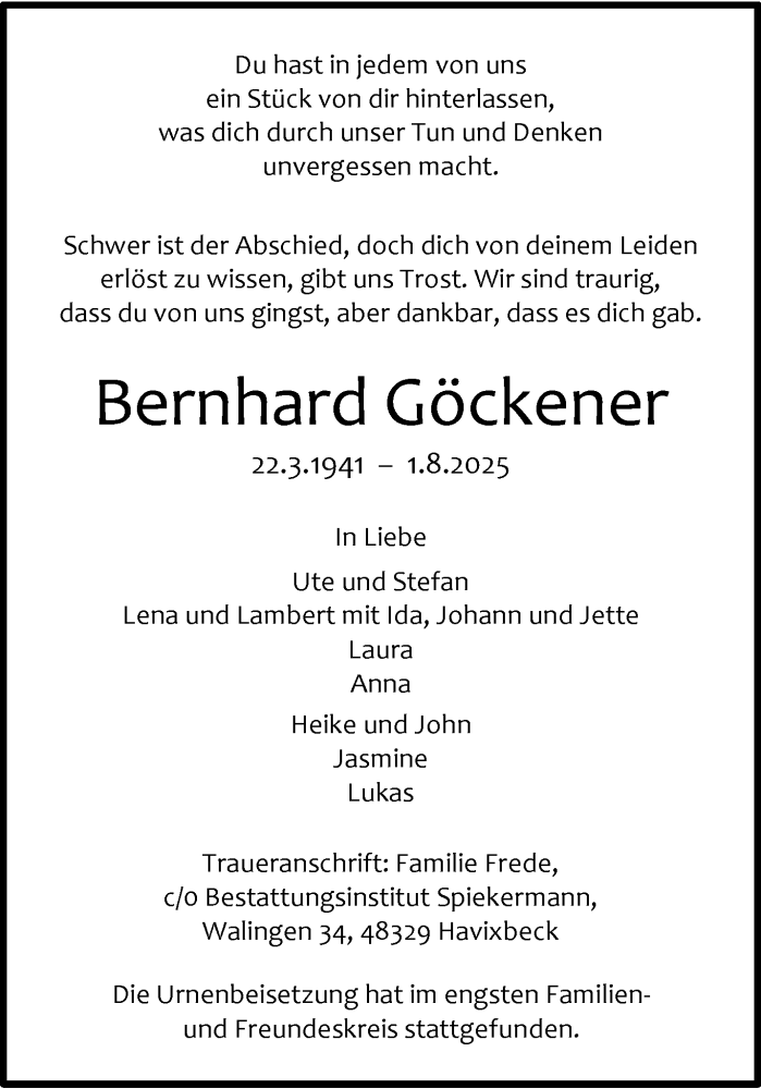  Traueranzeige für Bernhard Göckener vom 30.08.2025 aus 