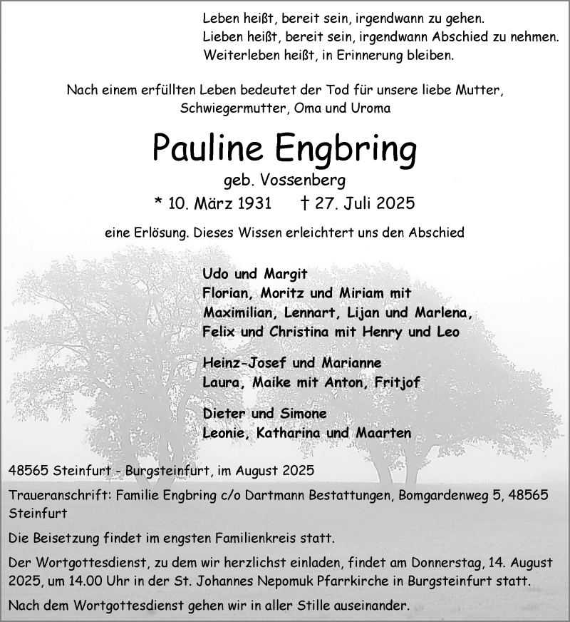  Traueranzeige für Pauline Engbring vom 09.08.2025 aus 