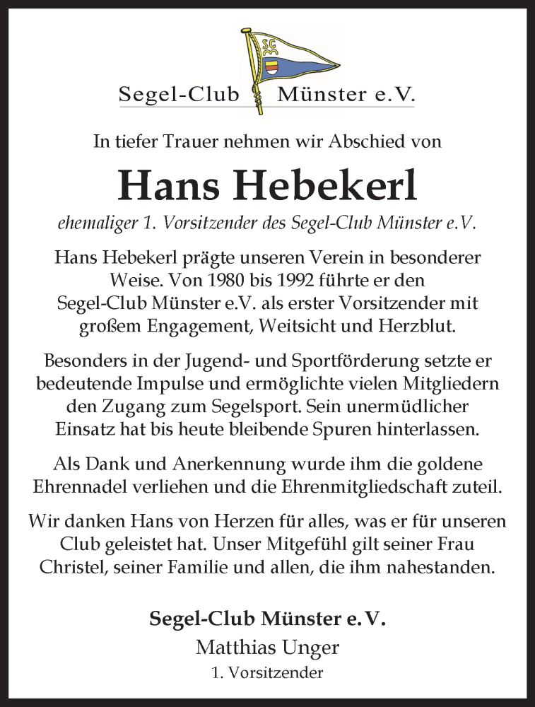  Traueranzeige für Hans Hebekerl vom 09.08.2025 aus 