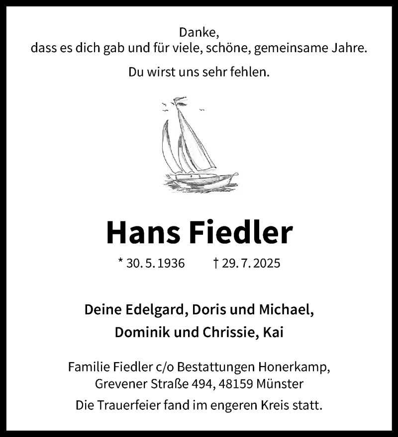  Traueranzeige für Hans Fiedler vom 23.08.2025 aus 