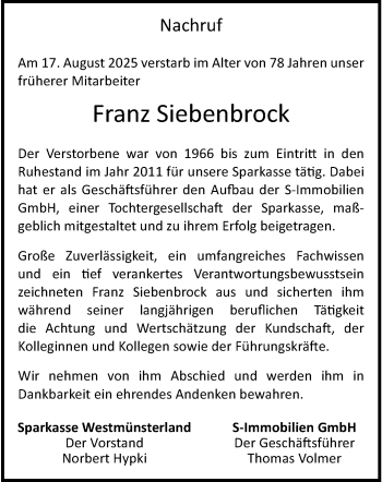 Anzeige von Franz Siebenbrock 