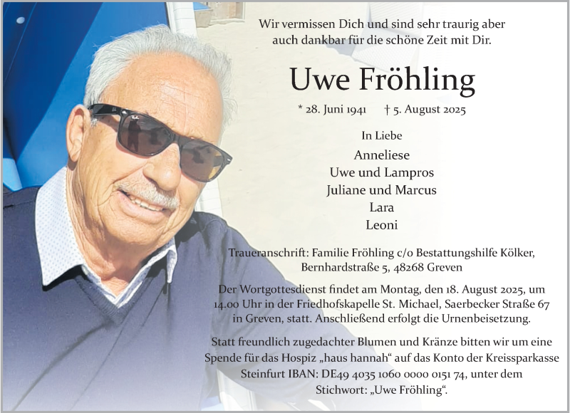  Traueranzeige für Uwe Fröhling vom 09.08.2025 aus 