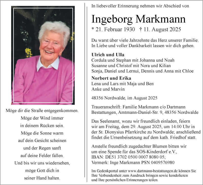  Traueranzeige für Ingeborg Markmann vom 23.08.2025 aus 