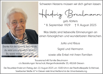 Anzeige von Hedwig Breulmann 