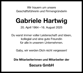 Anzeige von Gabriele Hartwig 
