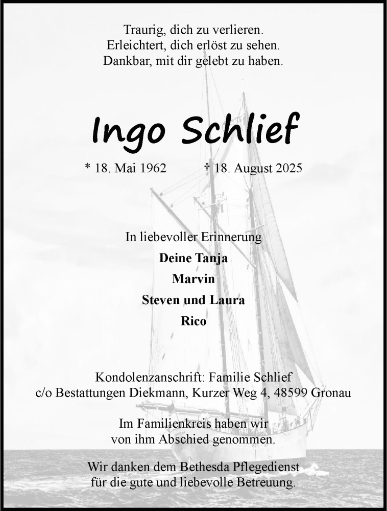  Traueranzeige für Ingo Schlief vom 30.08.2025 aus 