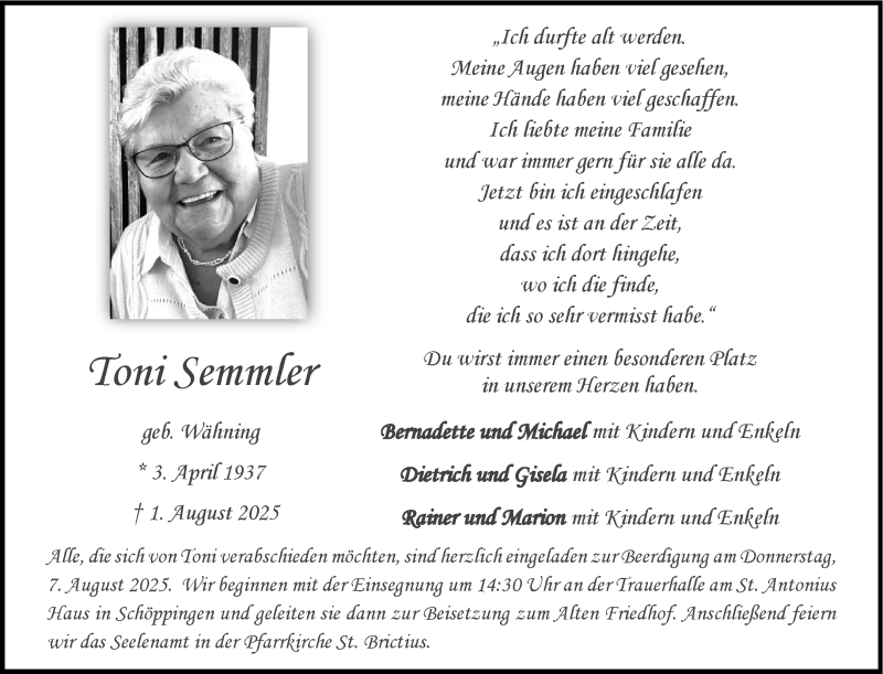  Traueranzeige für Toni Semmler vom 06.08.2025 aus 