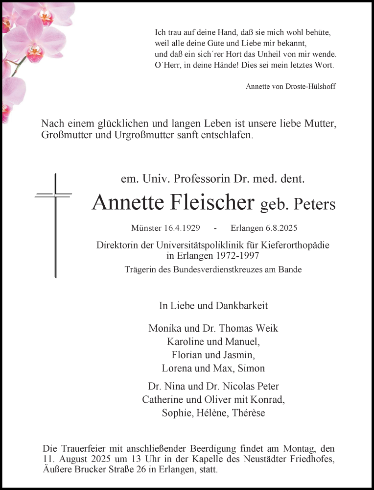  Traueranzeige für Annette Fleischer vom 09.08.2025 aus 