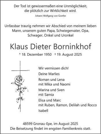 Anzeige von Klaus Dieter Borninkhof 