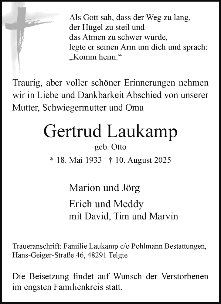  Traueranzeige für Gertrud Laukamp vom 13.08.2025 aus 