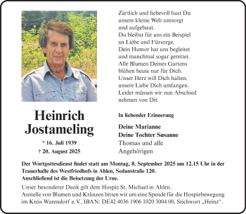 Anzeige von Heinrich Jostameling 
